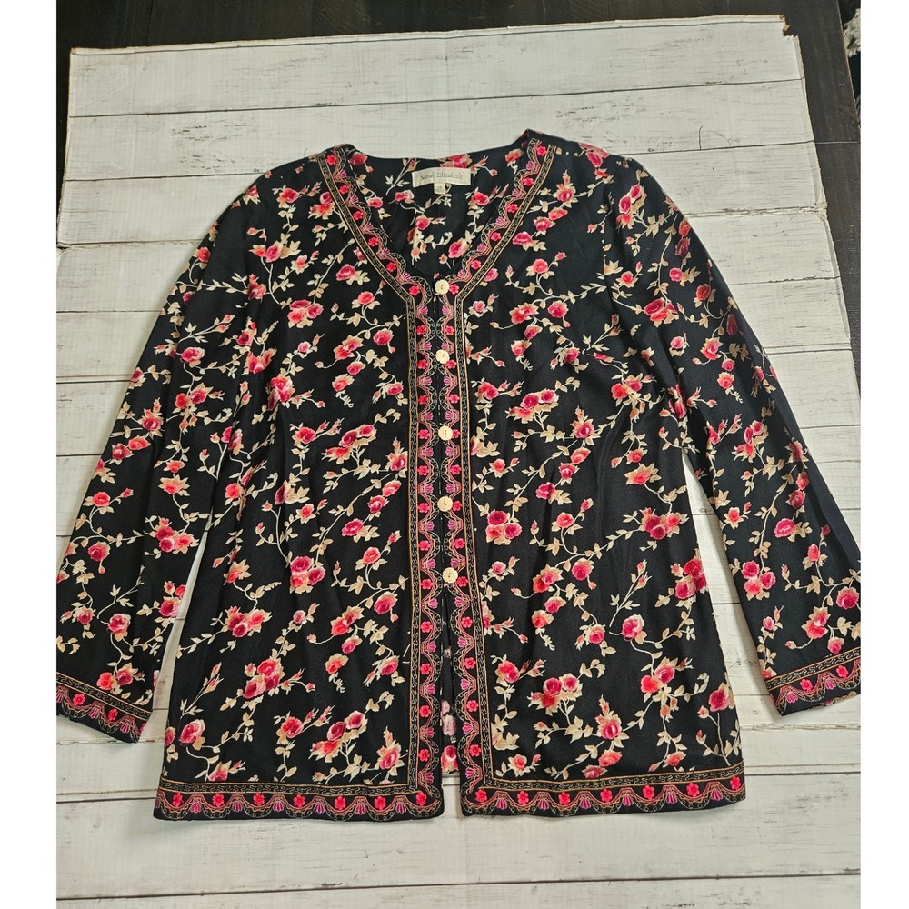Sarah Elizabeth Floral Embroidered Rayon Button Up Blouse Black Pink Size 14